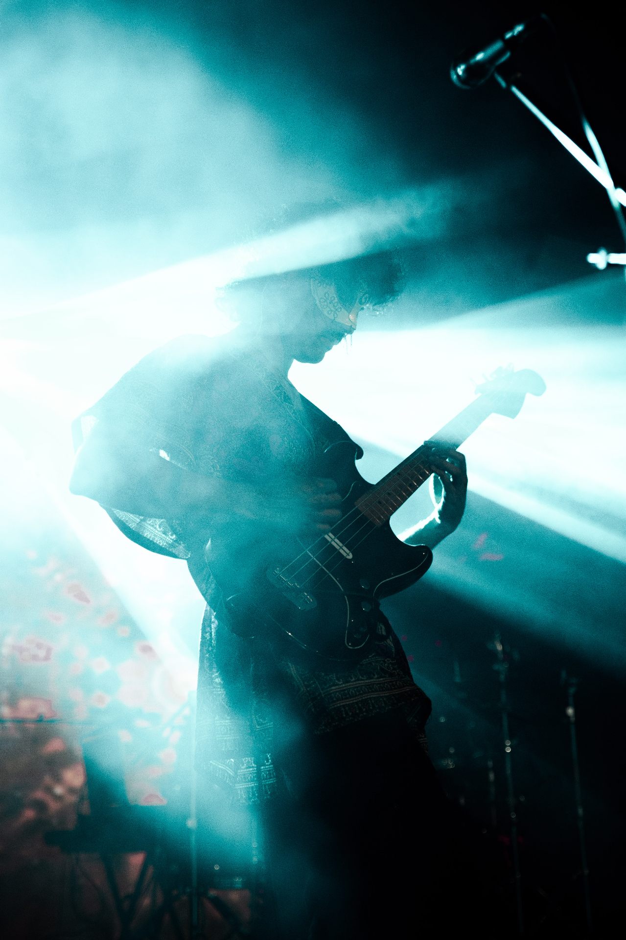 Bassist in light beam